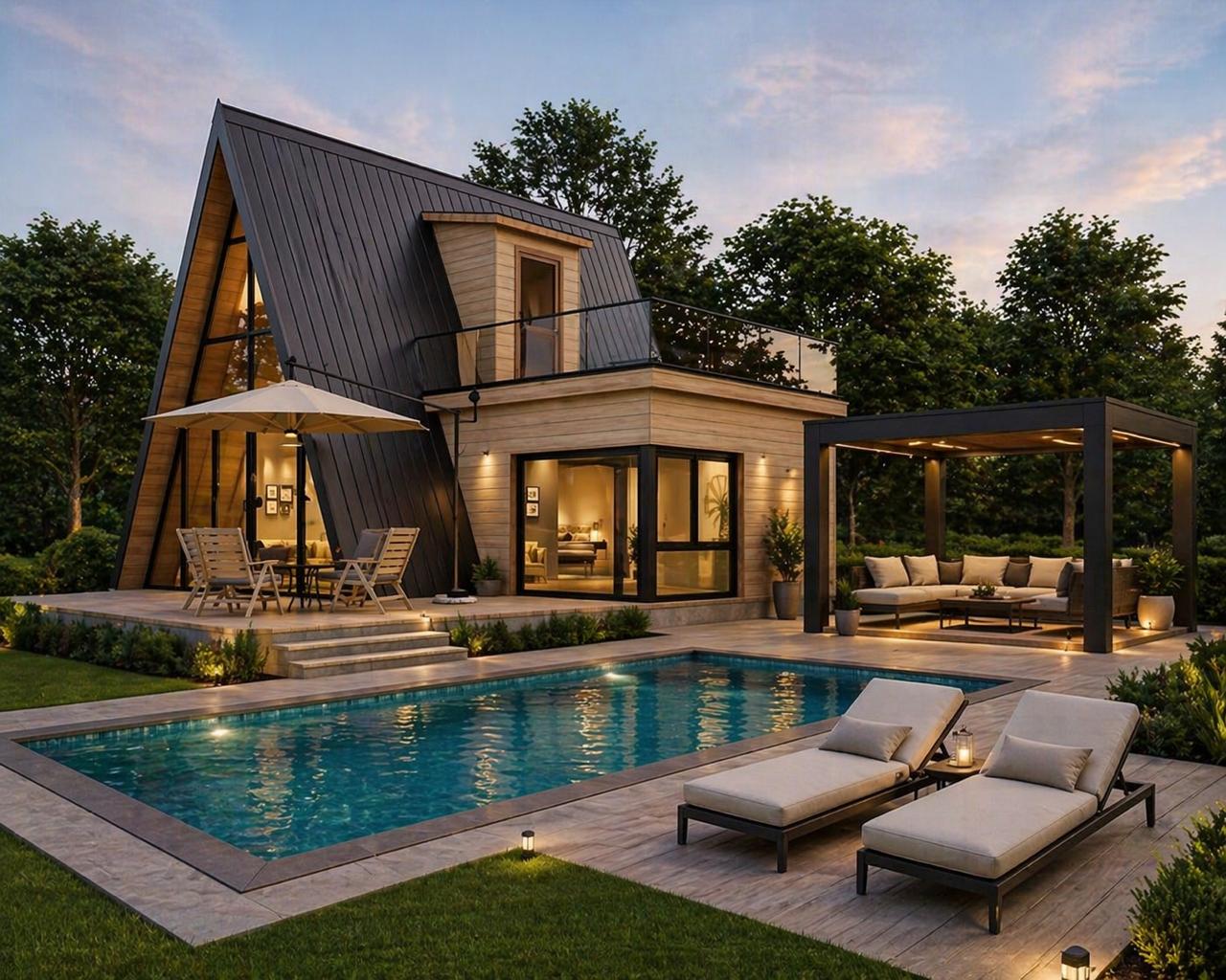 Suggested timber and dark-roof villa design with outdoor seating